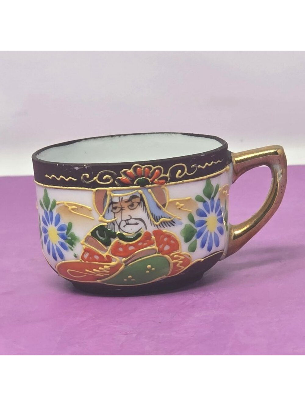 Vintage Hand-Painted Tea Cup Occupied Japan Gold Accents Detailed Floral Samurai